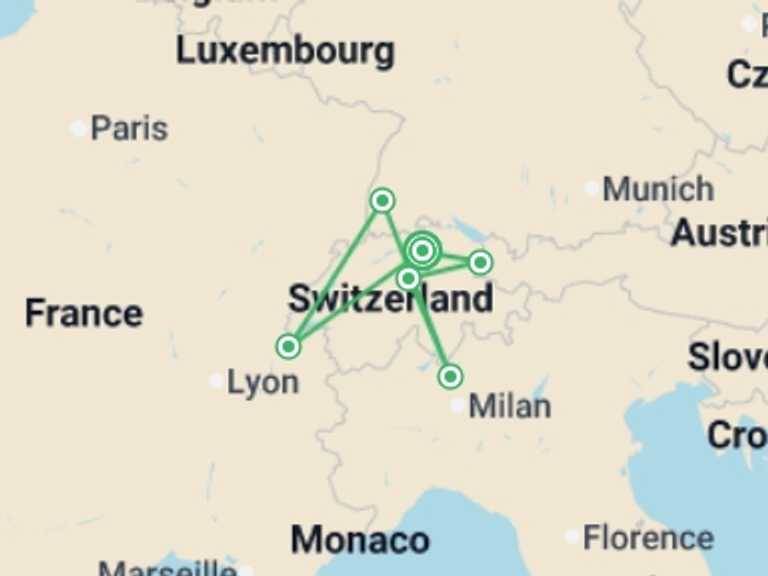 Map itinerary of Europe Tour in March 2026 with 7 destination visits for the trip: Splendid Switzerland