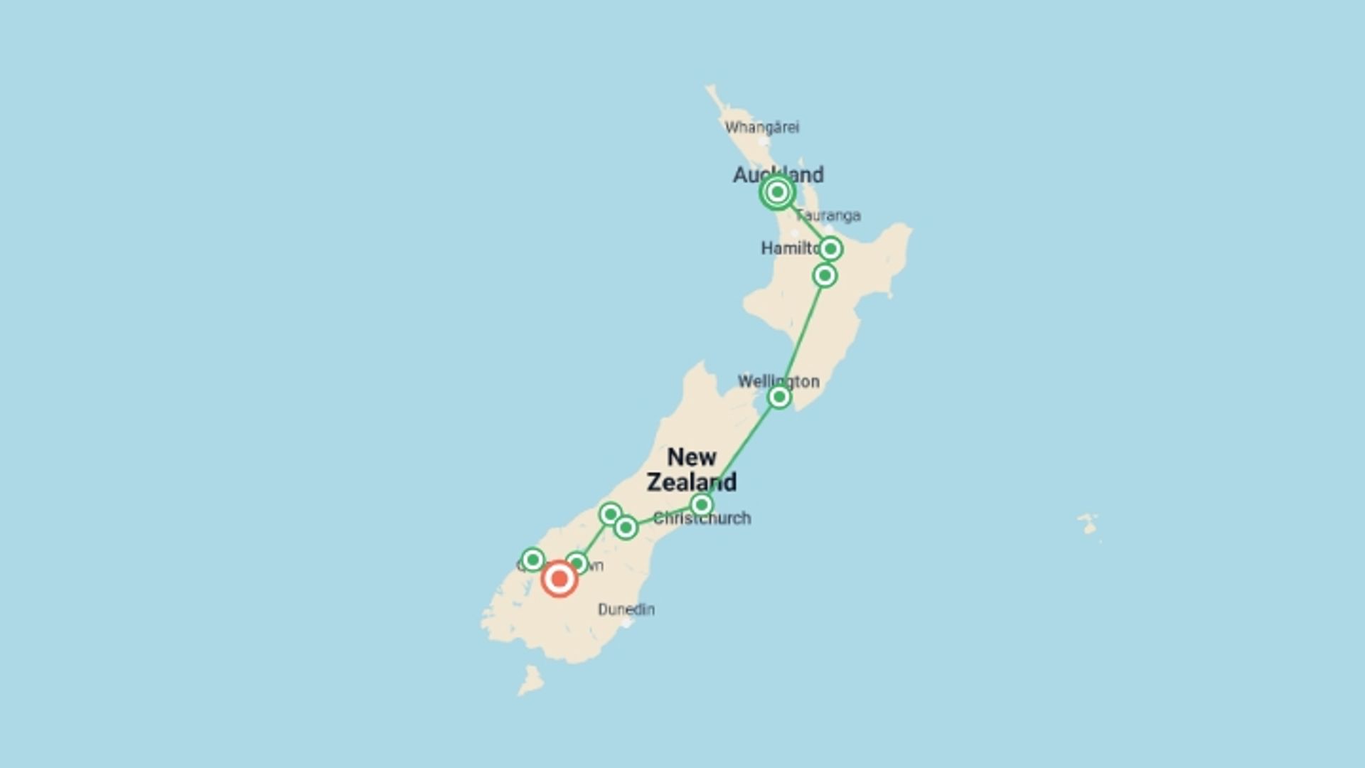 A map showing the tour itinerary for the trip: NZ Adventure 17 day, starting in Auckland, New Zealand and ending in Queenstown, New Zealand going through 8 other destinations.