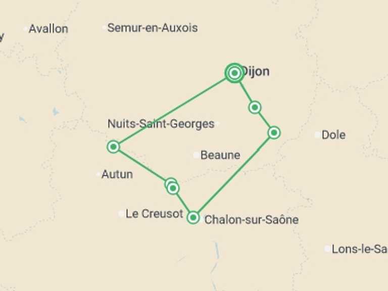 Map of Mediterranean Cruise Tour with 6 destination visits for the trip: Fine Food and Wines on a Cruise through the Burgundy Region (port-to-port cruise)