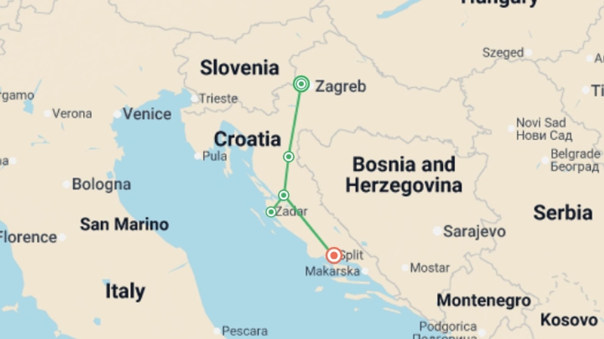 A map showing the tour itinerary for the trip: Walks and Coastal Towns of Croatia, starting in Zagreb, Croatia and ending in Split, Croatia going through 3 other destinations.