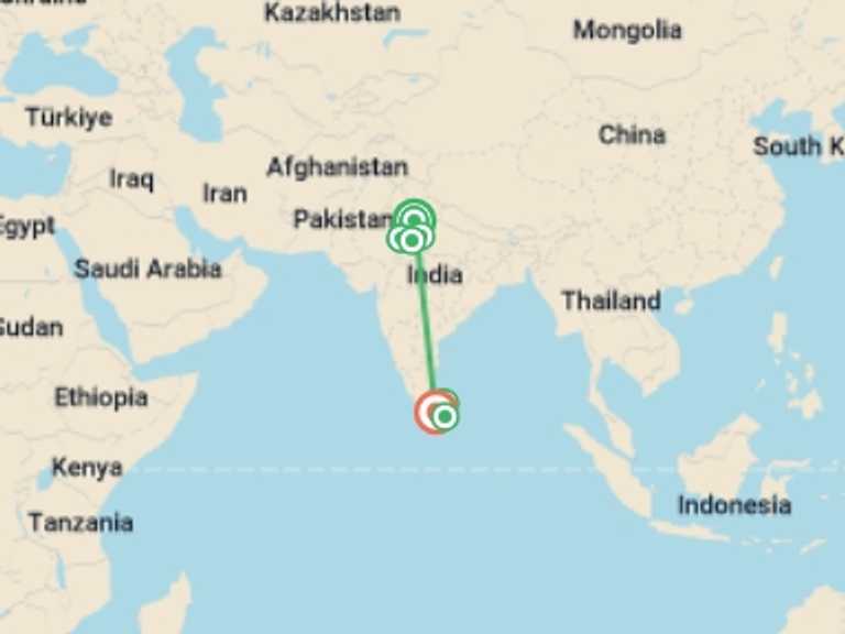 Map of South Asia Tour with 6 destination visits for the trip: Delhi to Colombo - 15 days