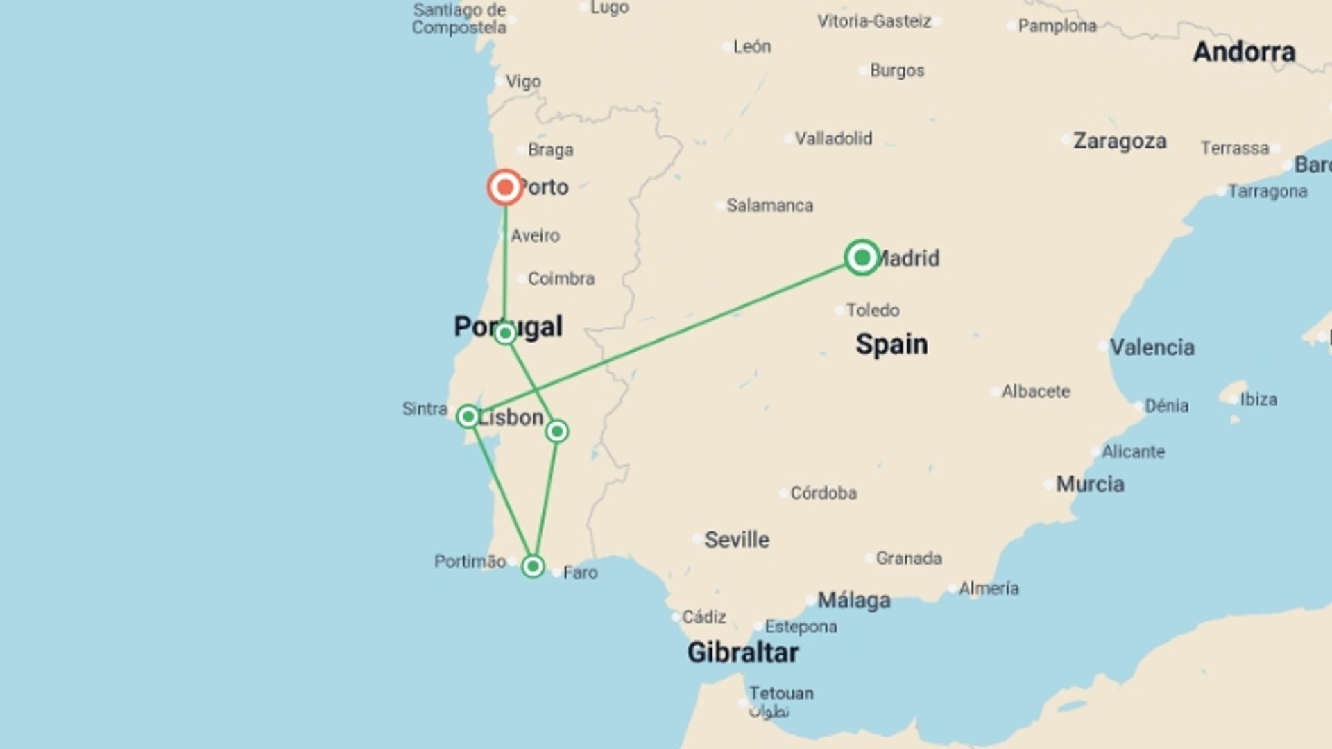 A map showing the tour itinerary for the trip: Portugal Algarve, Lands of the Tagus  (end Porto), starting in Madrid, Spain and ending in Porto, Portugal going through 4 other destinations.
