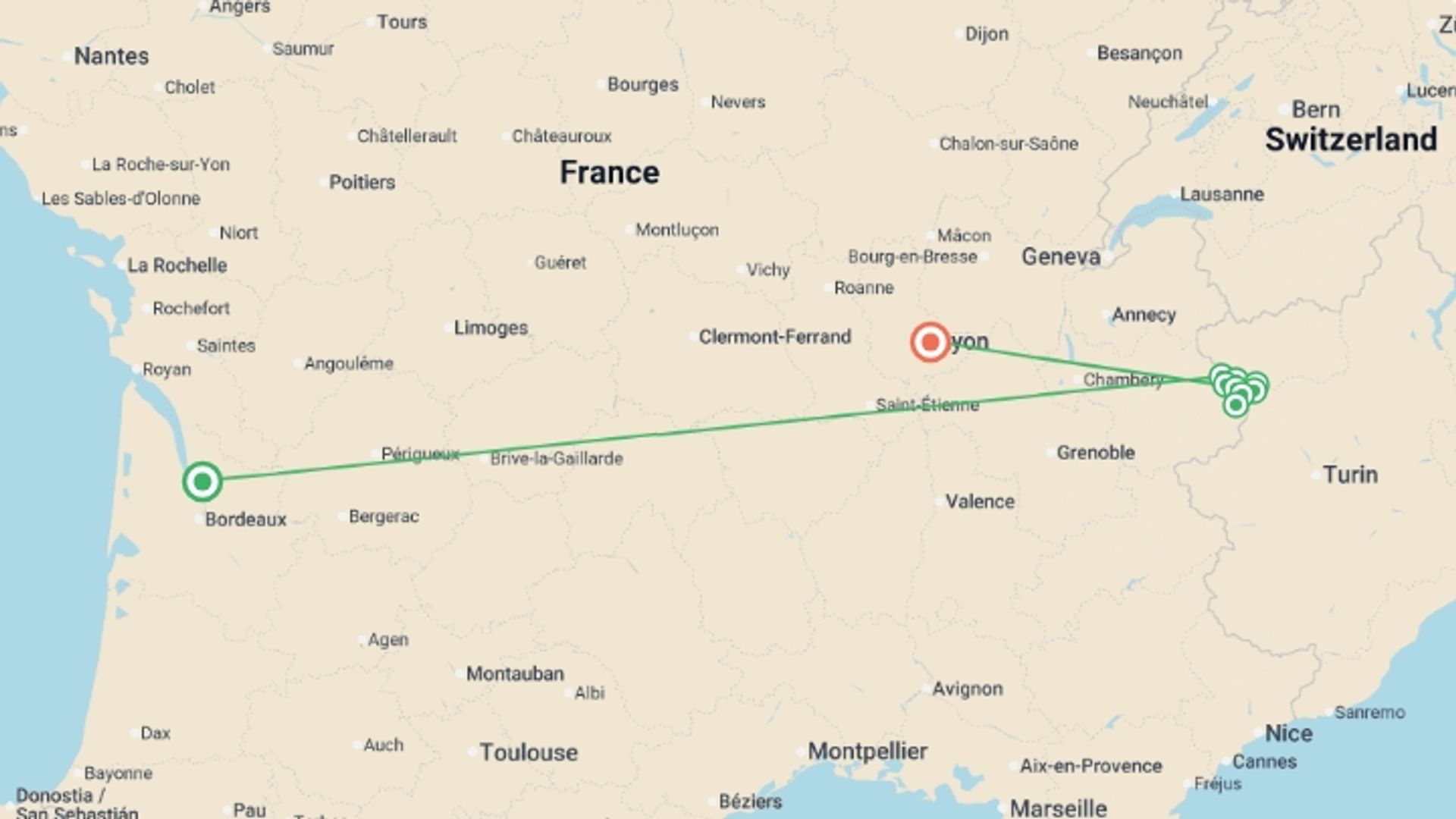 A map showing the tour itinerary for the trip: Gran Paradiso Guided Hike, starting in Bourg , France and ending in Lyon, France going through 7 other destinations.