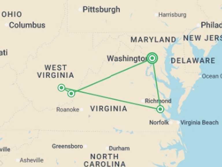 Map itinerary of USA Tour in October 2026 with 4 destination visits for the trip: American Heritage Holiday featuring The Greenbrier Resort