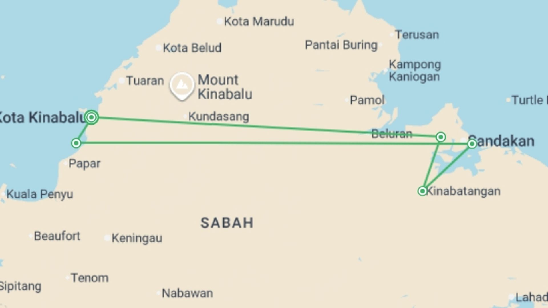 A map showing the tour itinerary for the trip: Family Borneo Wildlife Adventure, starting in Kota Kinabalu, Malaysia and ending in Kota Kinabalu, Malaysia going through 4 other destinations.