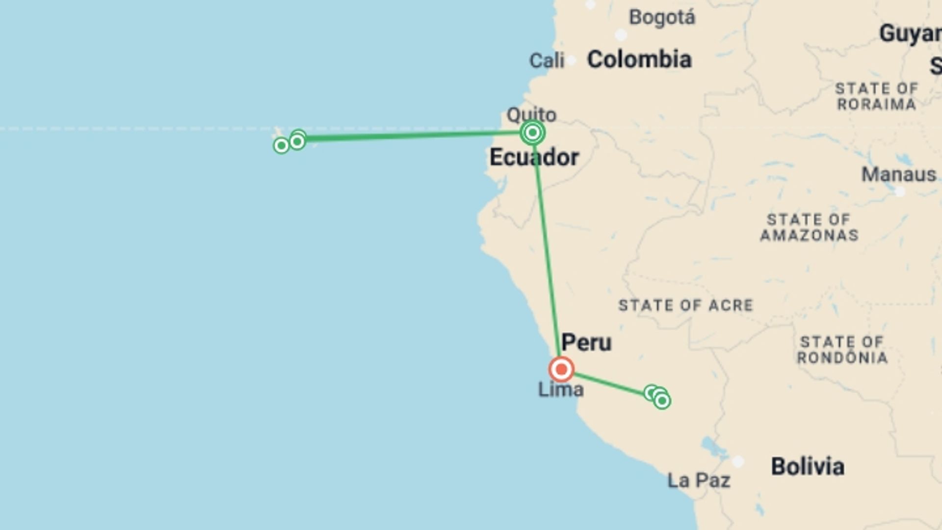 A map showing the tour itinerary for the trip: Highlights Of Ecuador And Peru, starting in Quito, Ecuador and ending in Lima, Peru going through 6 other destinations.