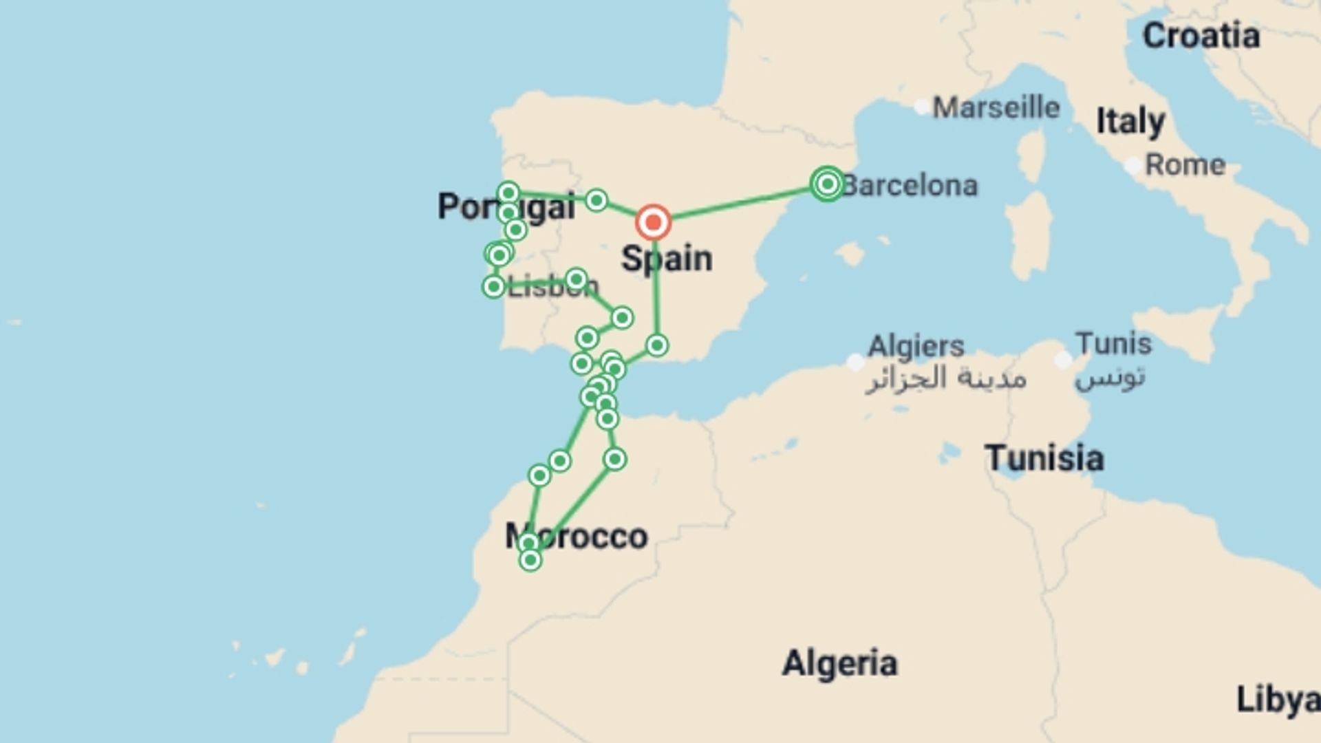 A map showing the tour itinerary for the trip: Spain, Portugal & Morocco Encompassed - 23 days, starting in Barcelona, Spain and ending in Madrid, Spain going through 12 other destinations.