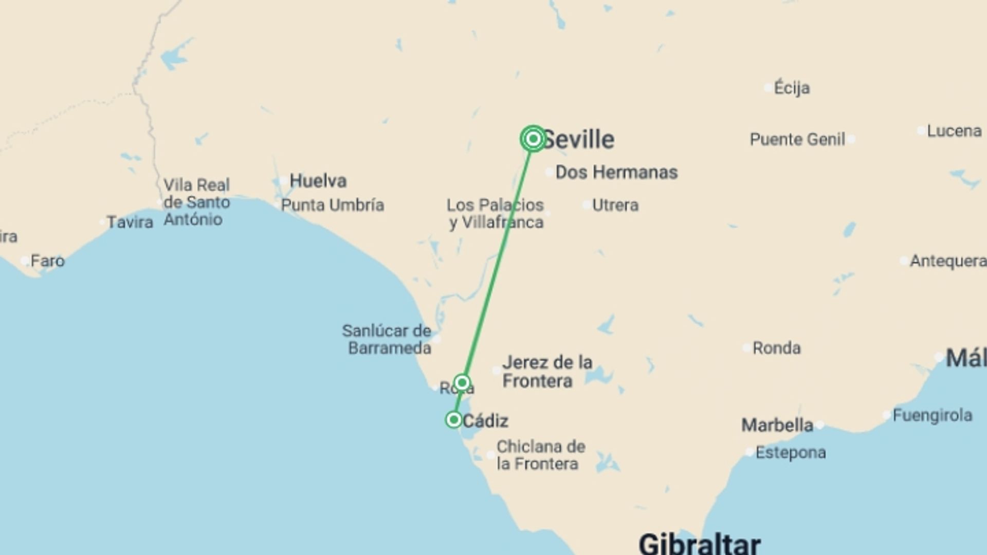 A map showing the tour itinerary for the trip: Family Club - Andalusia: Traditions, Gastronomy and Flamenco (port-to-port cruise), starting in Seville, Spain and ending in Seville, Spain going through 3 other destinations.