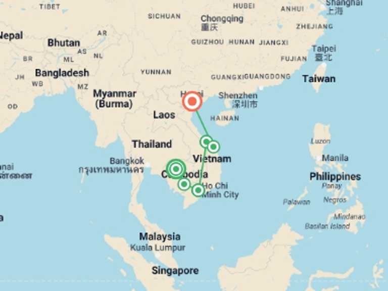 Map itinerary of Hanoi Tour in February 2027 with 7 destination visits for the trip: The Best of Cambodia and Vietnam in 14 Days