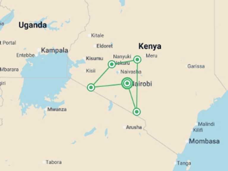 Map of a Wildlife Tour with 6 destination visits for the trip: Kenyan Discovery