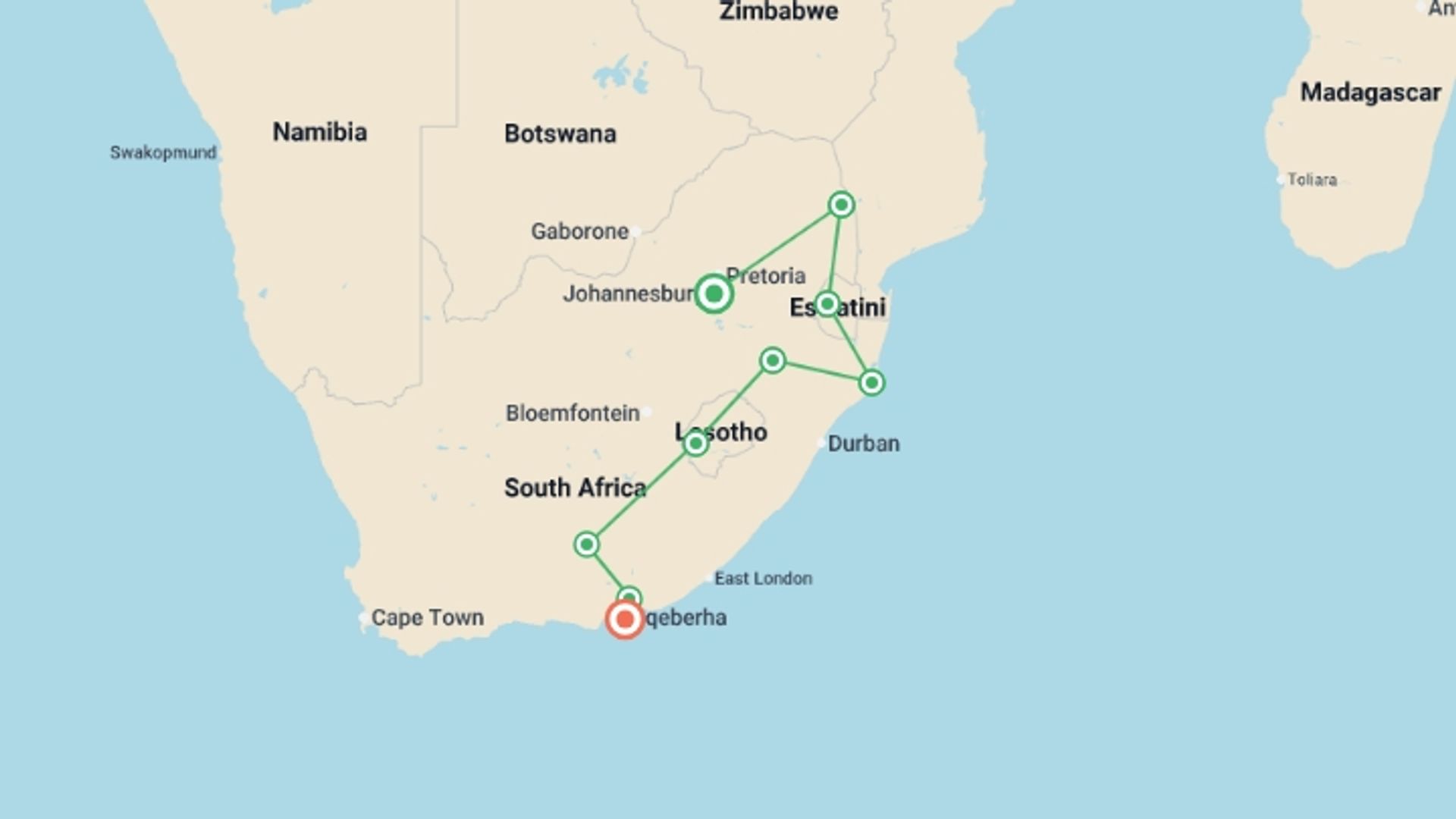 A map showing the tour itinerary for the trip: Kruger, Eswatini & Lesotho Safari 14D/13N, starting in Johannesburg, South Africa and ending in Port Elizabeth, South Africa going through 8 other destinations.