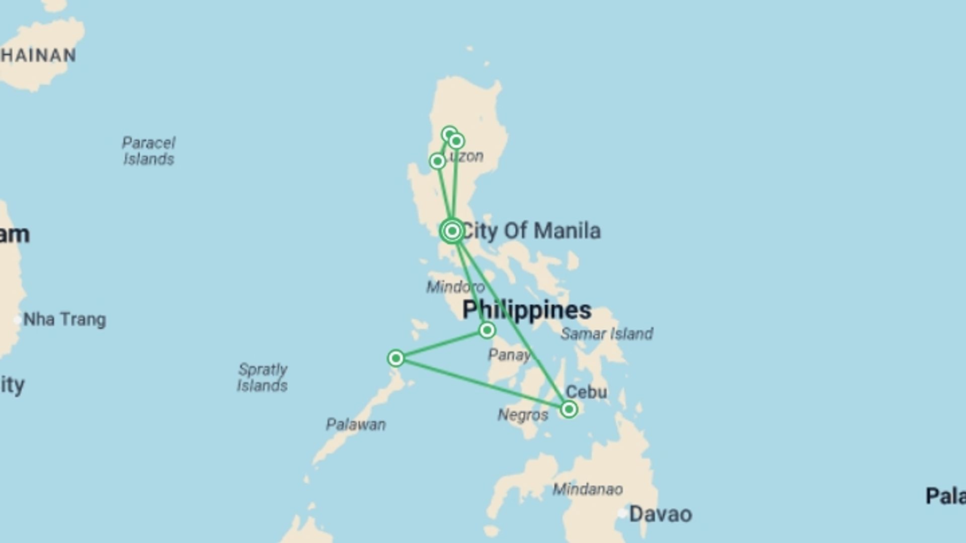 A map showing the tour itinerary for the trip: Best of the Philippines - 14 days, starting in Manila, Philippines and ending in Manila, Philippines going through 6 other destinations.