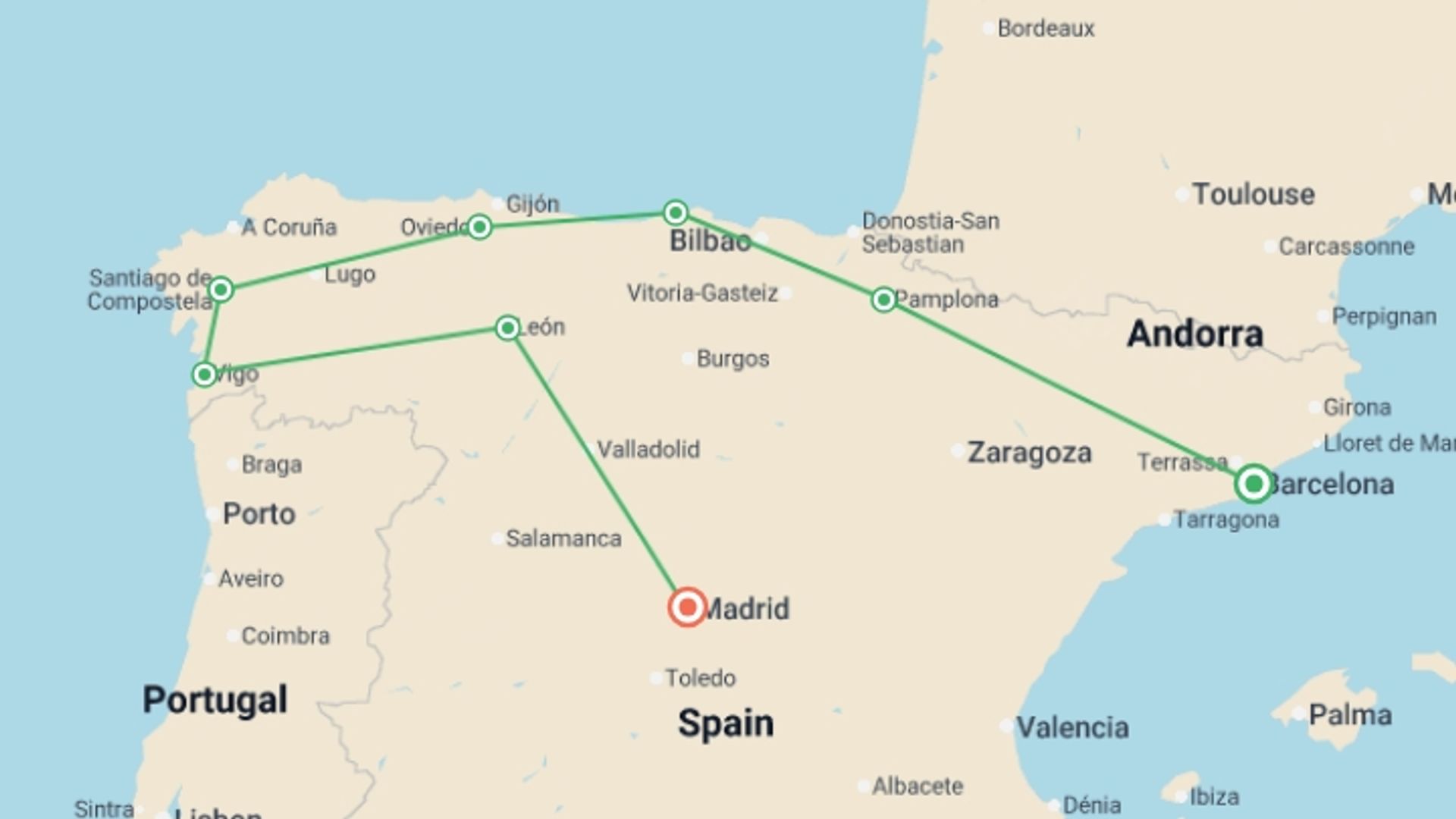 A map showing the tour itinerary for the trip: Barcelona, Santiago & Madrid - 8 days, starting in Barcelona, Spain and ending in Madrid, Spain going through 6 other destinations.
