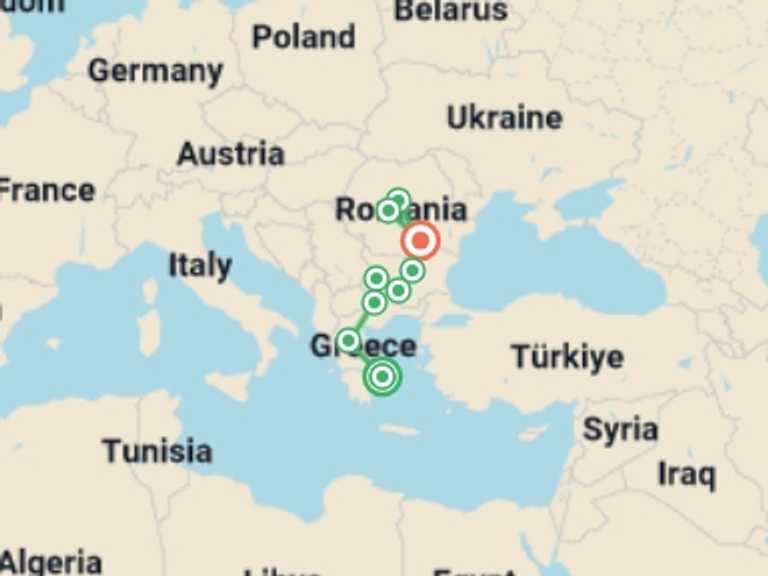 Map of Mediterranean Tour with 9 destination visits for the trip: Northern Greece, Bulgaria, and Romania
