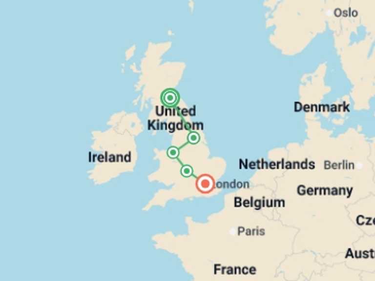 Map itinerary of Europe Tour in October 2025 with 5 destination visits for the trip: British Landscapes featuring England, Scotland and Wales