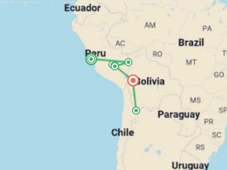 Map of a Sightseeing, attractions, culture and history Tour with 9 destination visits for the trip: Peru and Bolivia Explorer