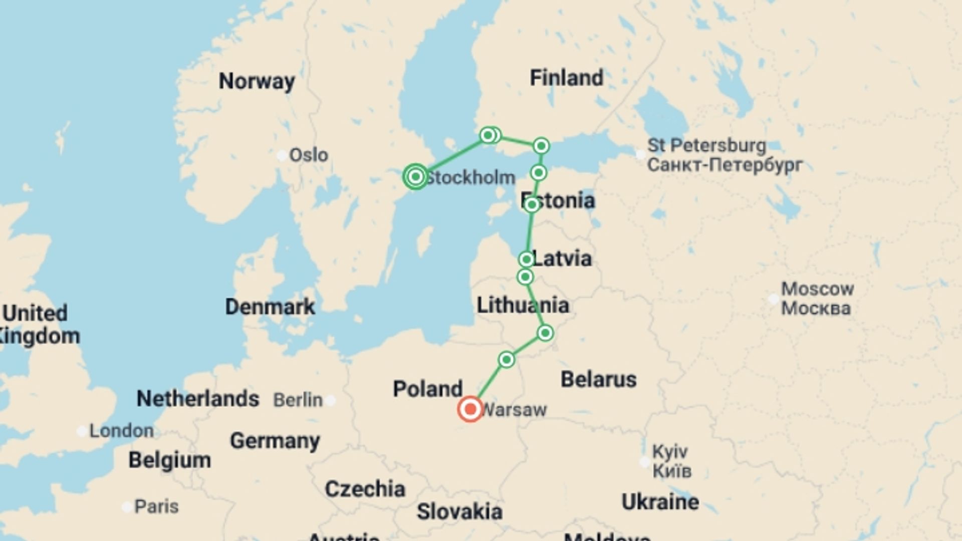 A map showing the tour itinerary for the trip: Baltic Capitals, starting in Stockholm, Sweden and ending in Warsaw, Poland going through 9 other destinations.