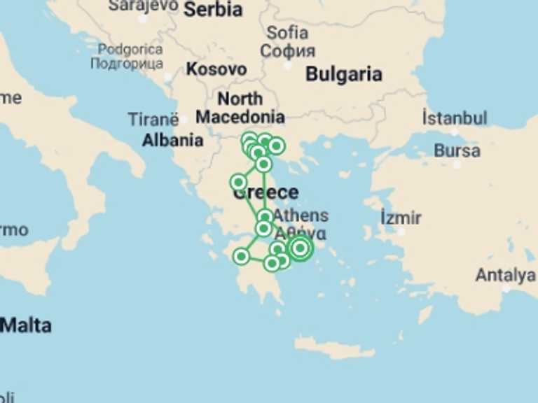 Map of 10-Day Athens Tour with 5 destination visits for the trip: Grand Tour In Greece