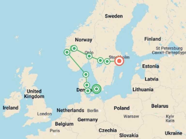 Map of Scandinavia Tour with 6 destination visits for the trip: Scandinavian Escape