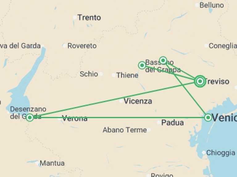 Map itinerary of Europe Tour in August 2026 with 5 destination visits for the trip: Spotlight on Northern Italy featuring Venice, Verona & the Dolomites