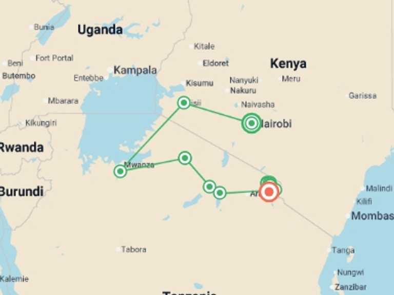 Map itinerary of Serengeti National Park Tour in July 2027 with 15 destination visits for the trip: Safari to Kilimanjaro - Machame Route