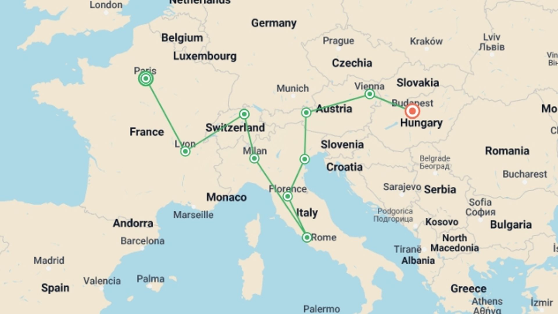 A map showing the tour itinerary for the trip: Treasures of Paris, Switzerland, Italy and Vienna, starting in Paris, France and ending in Budapest, Hungary going through 9 other destinations.