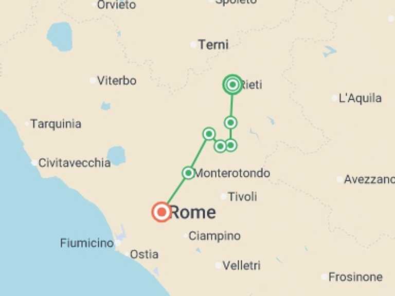 Map itinerary of Europe Tour in Fall with 7 destination visits for the trip: St Francis Way: Rieti to Rome