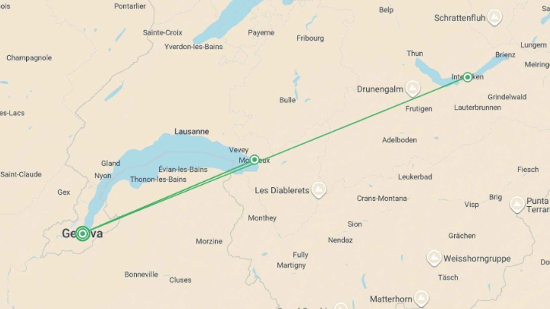 A map showing the tour itinerary for the trip: Switzerland Cities & Landscapes - 6 days, starting in Geneva, Switzerland and ending in Geneva, Switzerland going through 2 other destinations.
