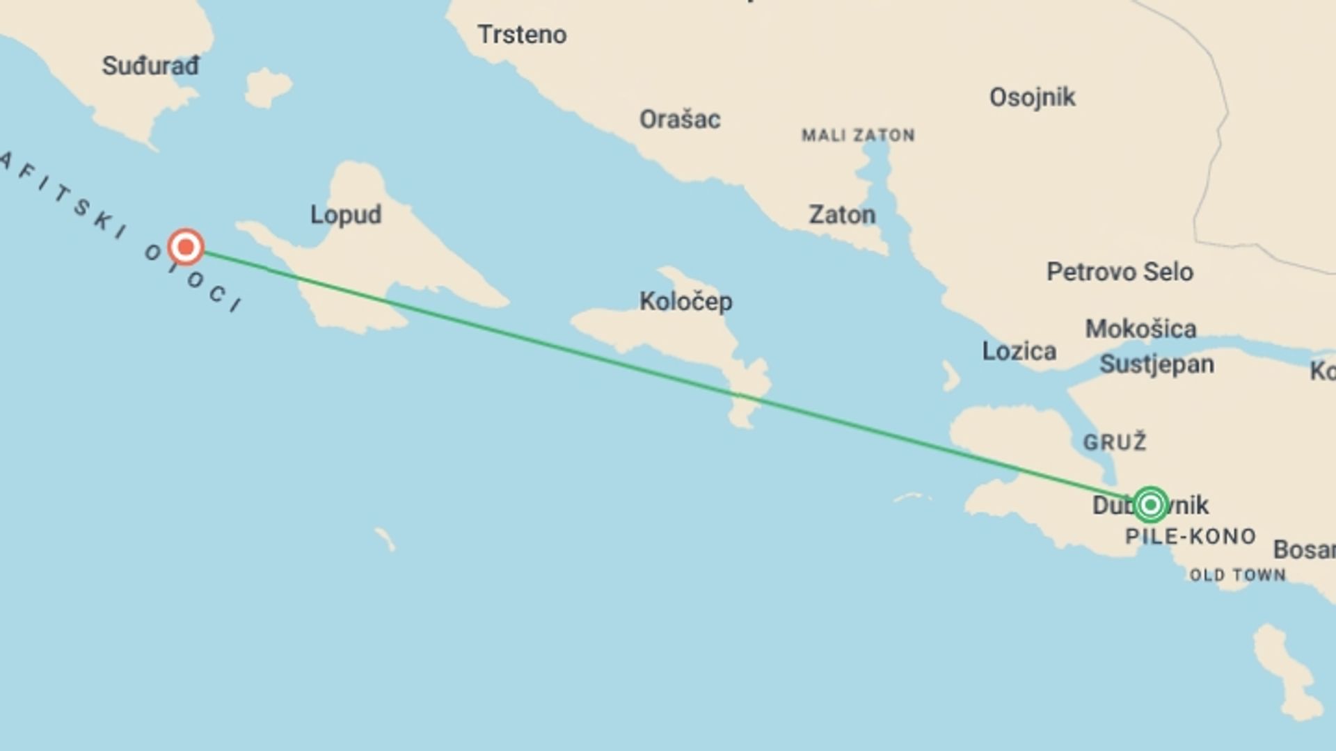A map showing the tour itinerary for the trip: Family Dubrovnik and Croatian Islands Adventure, starting in Dubrovnik, Croatia and ending in Lopud Island, Croatia going through 0 other destinations.
