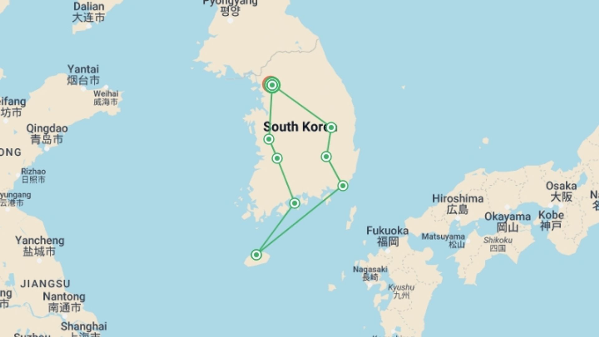 A map showing the tour itinerary for the trip: Discovery Tour: Memorable Trip to South Korea, starting in Seoul, South Korea and ending in Si, South Korea going through 7 other destinations.