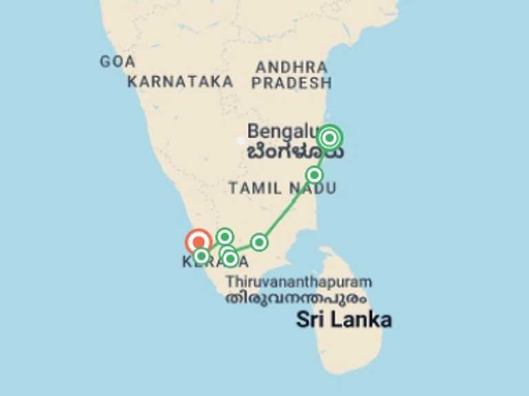 Map itinerary of Asia Tour in December 2026 with 9 destination visits for the trip: Premium South India