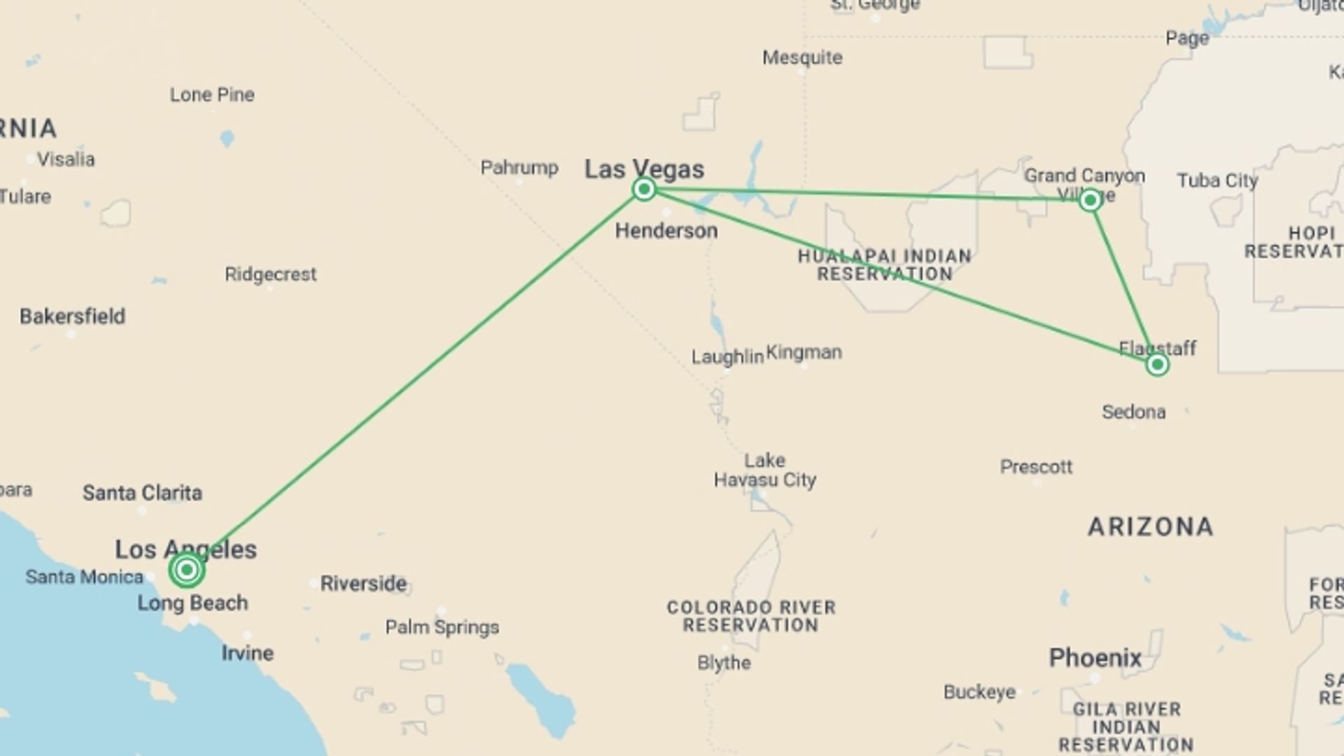 A map showing the tour itinerary for the trip: Western Classics, starting in Los Angeles, USA and ending in Los Angeles, USA going through 2 other destinations.
