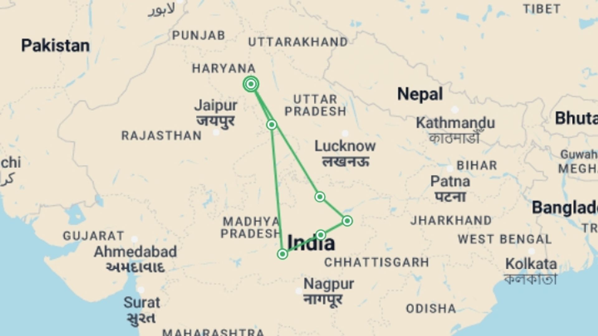 A map showing the tour itinerary for the trip: India Safari, starting in New Delhi, India and ending in New Delhi, India going through 5 other destinations.