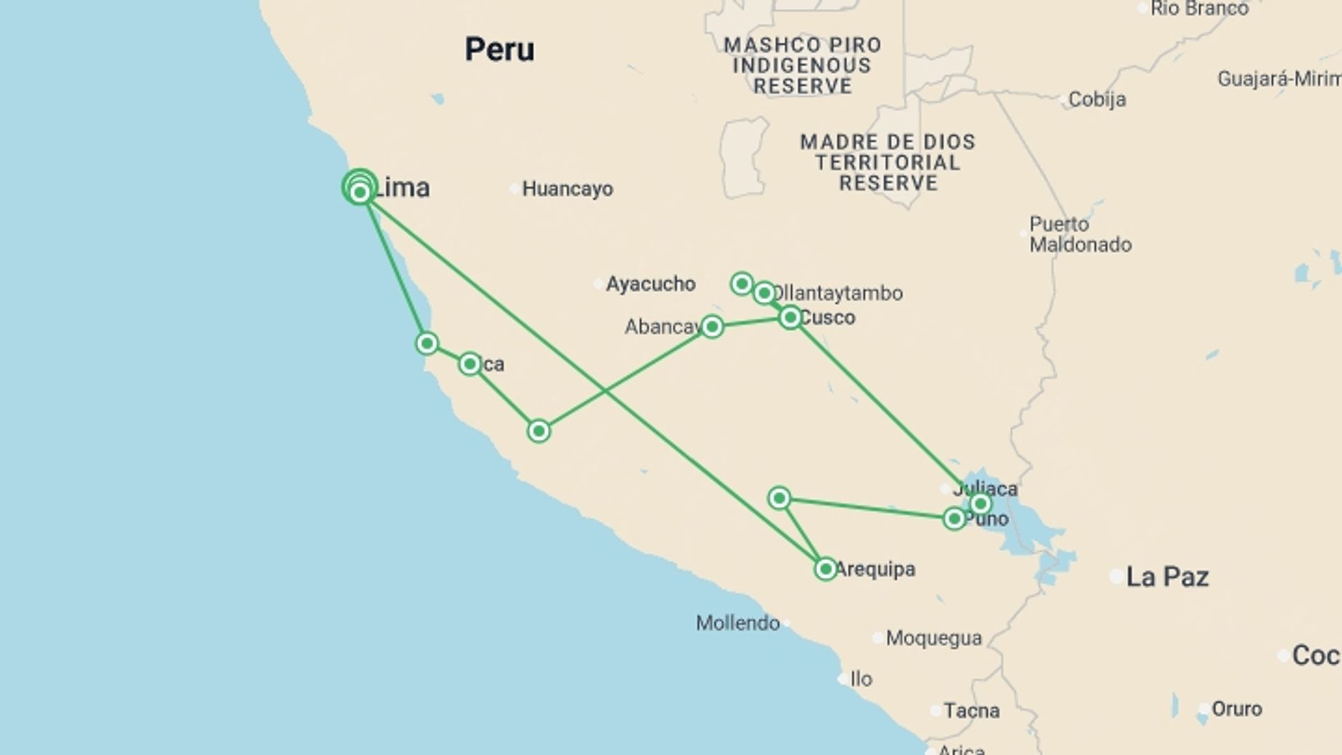 A map showing the tour itinerary for the trip: Essential Peru - Inti Raymi Festival Departure, starting in Lima, Peru and ending in Lima, Peru going through 11 other destinations.