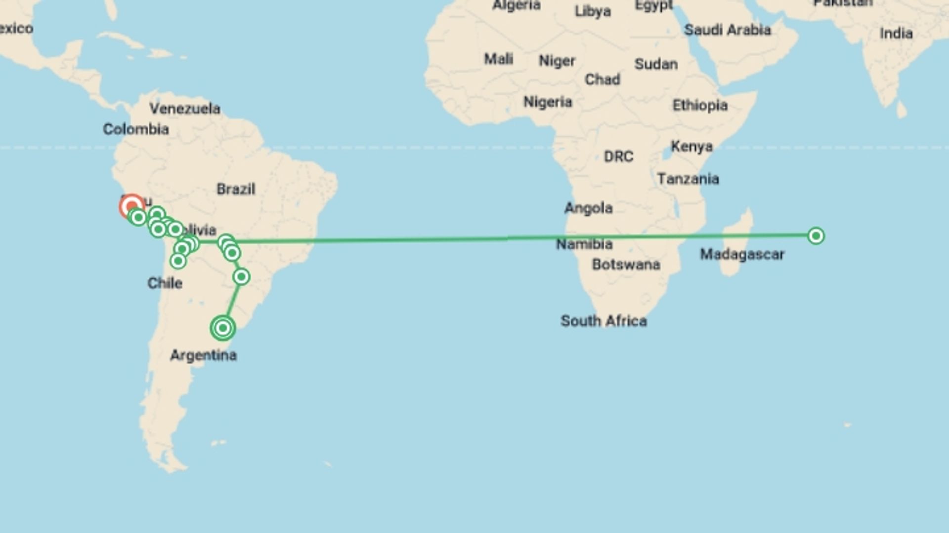 A map showing the tour itinerary for the trip: Buenos Aires to Lima (via Pantanal) Travel Pass, starting in Buenos Aires, Argentina and ending in Lima, Peru going through 23 other destinations.