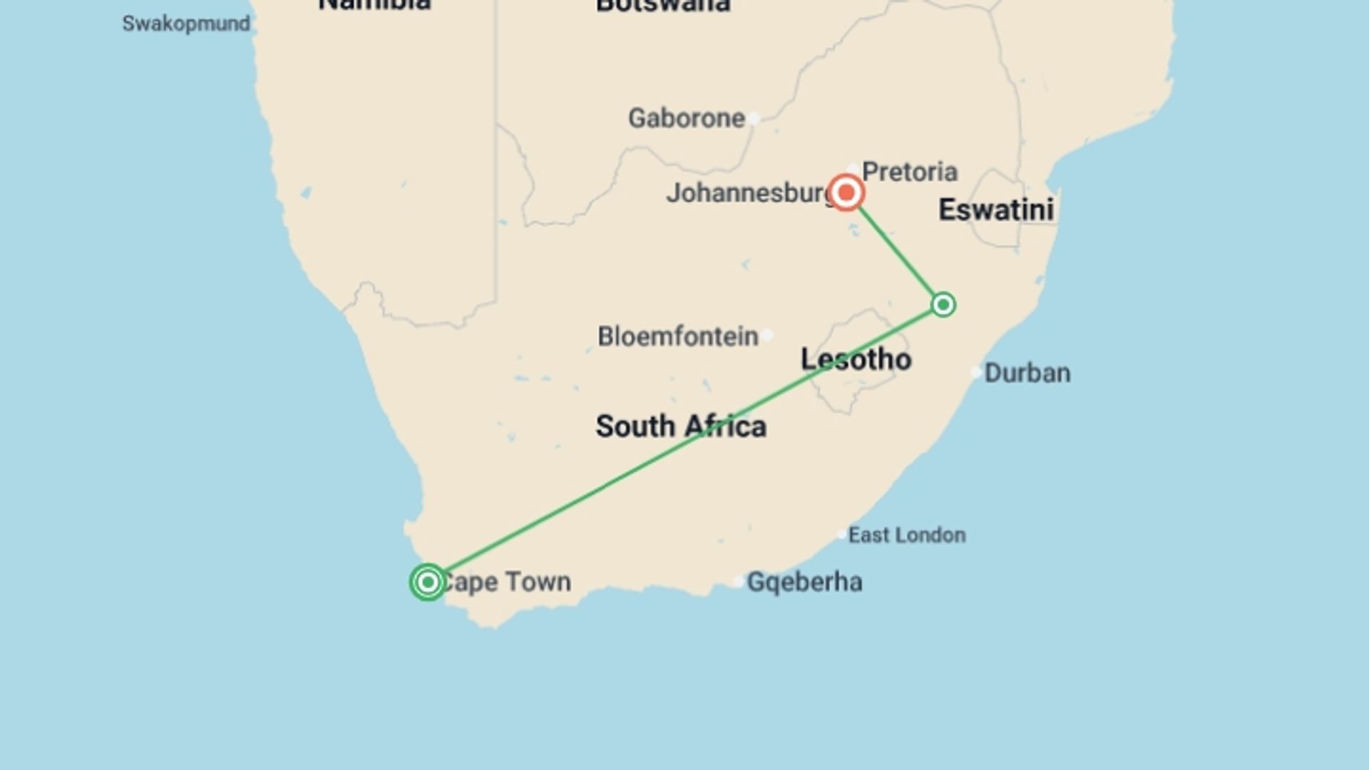 A map showing the tour itinerary for the trip: Cape Town Break & Safari - 8 days, starting in Cape Town, South Africa and ending in Johannesburg, South Africa going through 1 other destinations.