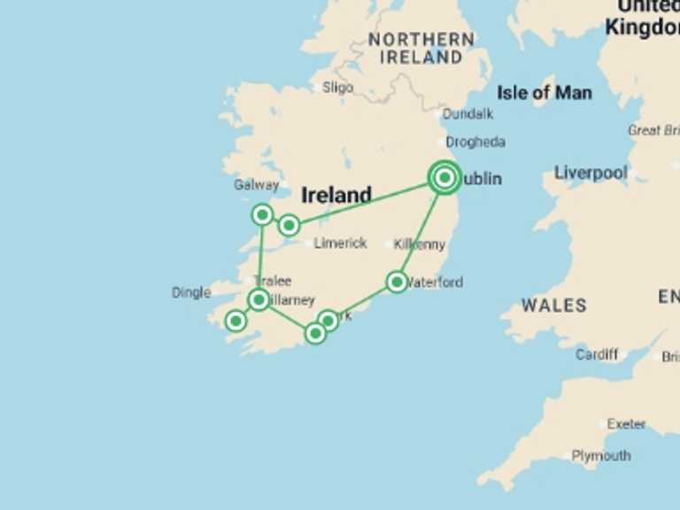 Map itinerary of Ireland Tour in Summer with 5 destination visits for the trip: Corners of Southern Ireland
