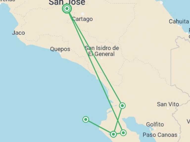 Map of San Jose Wildlife safaris and game drives Tour with 3 destination visits for the trip: Four Days in Osa Peninsula: Corcovado National Park