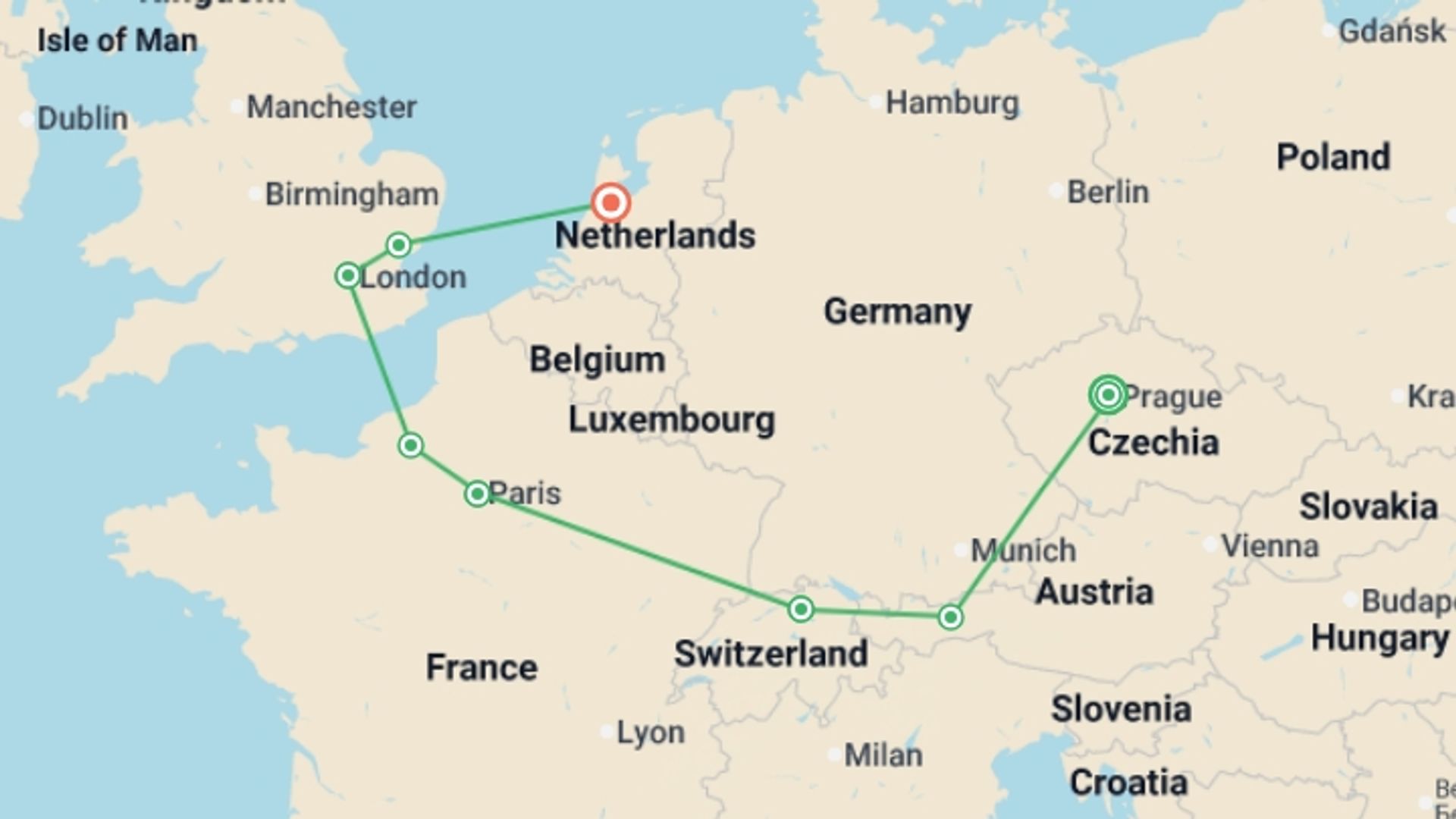 A map showing the tour itinerary for the trip: Refined Sentiment, starting in Prague, Czech Republic and ending in Amsterdam, Holland going through 6 other destinations.