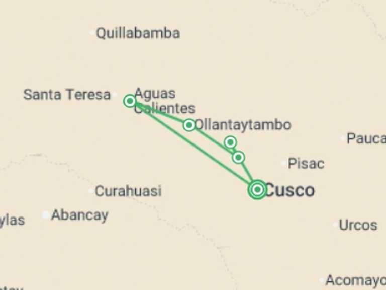 Map of Peru Tour with 4 destination visits for the trip: The Heart Of The Empire, Private Tour