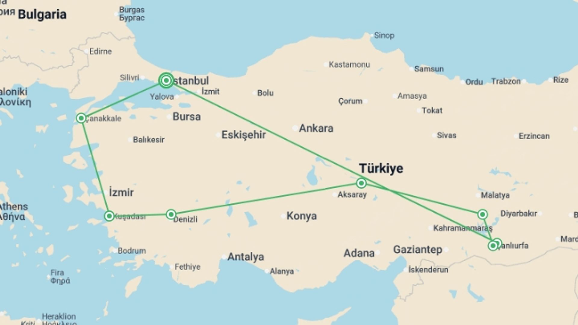 A map showing the tour itinerary for the trip: Turkey From West to East - 13 days, starting in Istanbul, Turkey and ending in Istanbul, Turkey going through 7 other destinations.