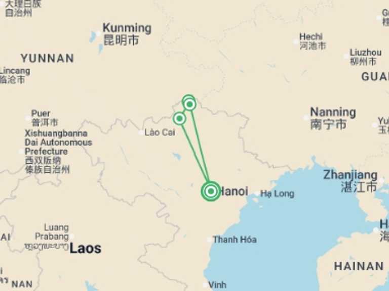 Map of Hanoi Local boat rides Tour with 3 destination visits for the trip: Ha Giang Loop in Northern Vietnam