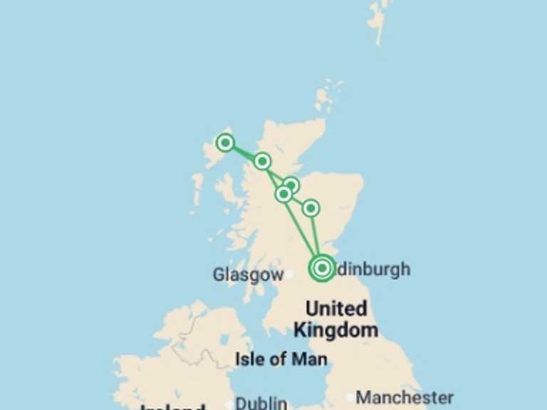 Map of 5-Day UK and Britain Tour with 3 destination visits for the trip: Edinburgh, Hebrides & Highlands (Hotel) - 5 days