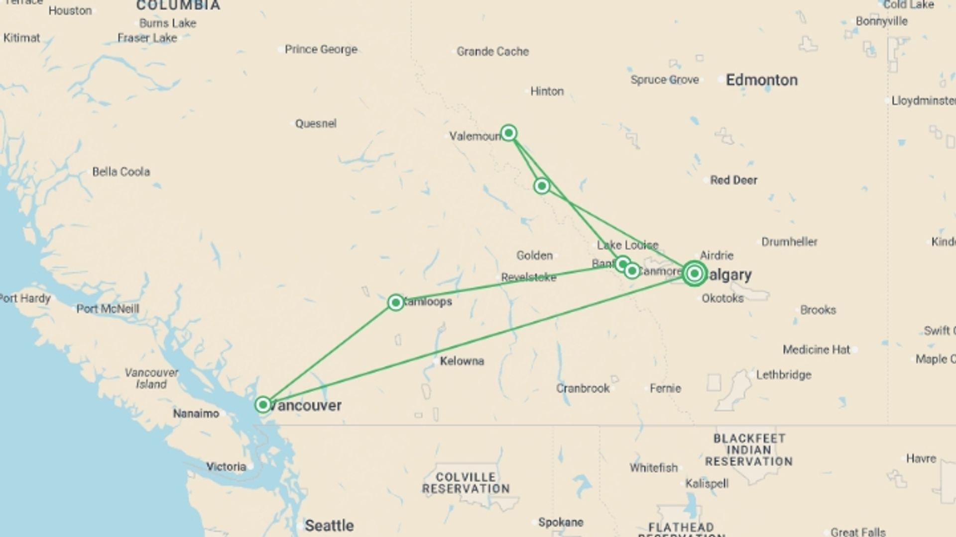 A map showing the tour itinerary for the trip: Canada's Rockies, starting in Calgary, Canada and ending in Calgary, Canada going through 2 other destinations.