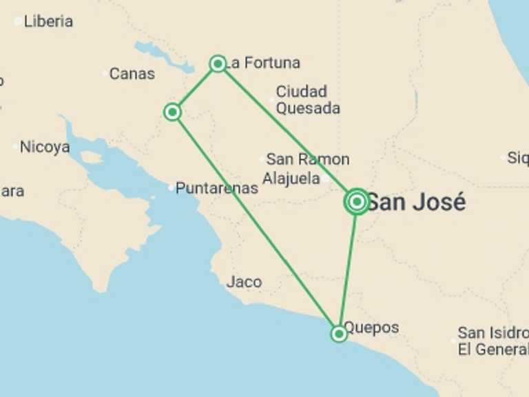 Map itinerary of San Jose Tour in November 2026 with 4 destination visits for the trip: Costa Rica Calling - 8 Days