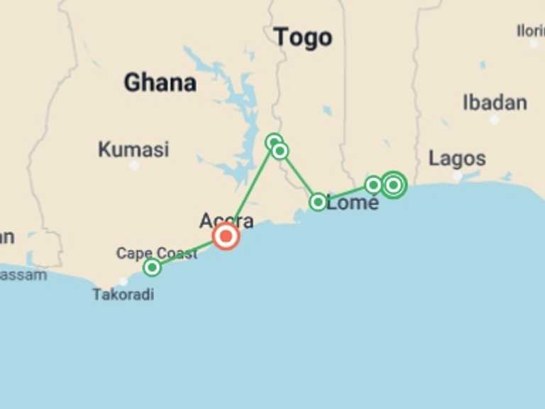Map itinerary of West Africa Tour in Spring with 7 destination visits for the trip: Benin, Togo & Ghana Adventure