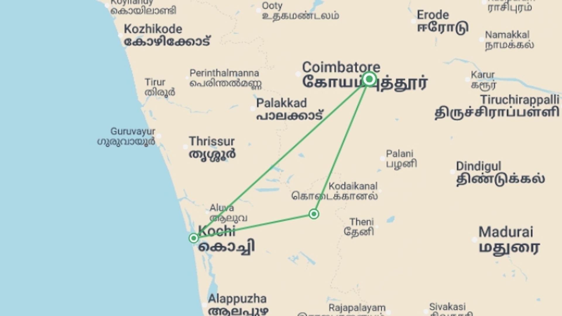 A map showing the tour itinerary for the trip: Munnar Tea Estate - 4 days, starting in Kerala & Tamil Nadu, India and ending in Kerala & Tamil Nadu, India going through 3 other destinations.