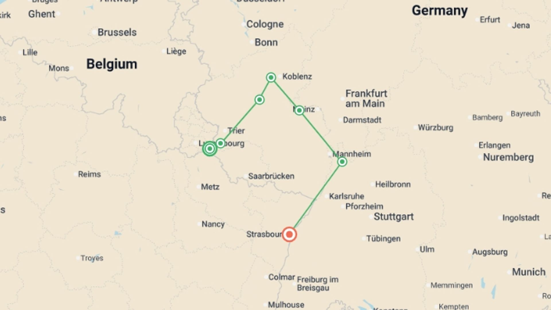 A map showing the tour itinerary for the trip: 4 Rivers: The Moselle, Sarre, Romantic Rhine, and Neckar Valleys (port-to-port cruise), starting in Remich, Luxembourg and ending in Strasbourg, France going through 5 other destinations.