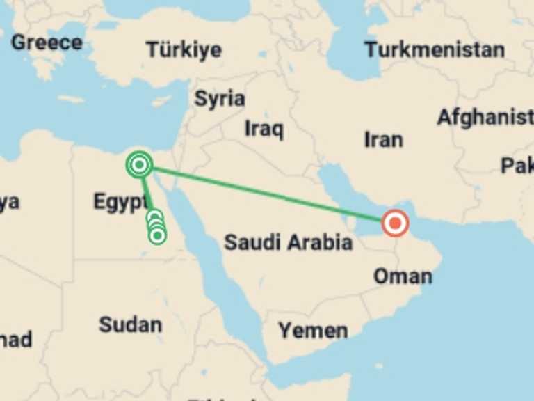 Map of 10-Day Middle East Tour with 5 destination visits for the trip: Ancient Egypt and Modern Dubai
