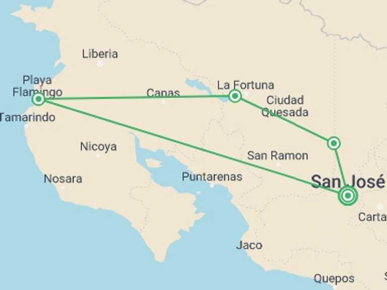 Map of San Jose Volcanoes Tour with 7 destination visits for the trip: Costa Rica Explorer